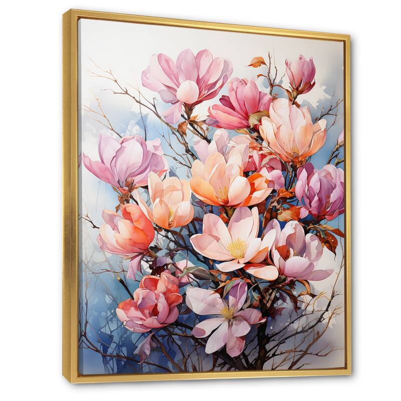 Designart "Pink Blue Magnolias Representation Multicolored Acrylic I" Magnolias Framed Canvas